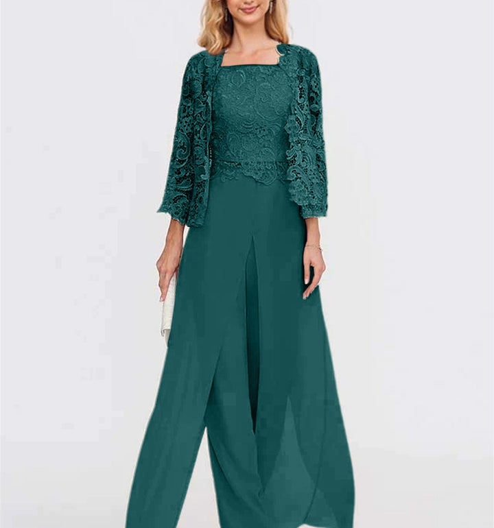 Chiffon Square Neck Floor-Length Mother of the Bride Pantsuits with Jacket & Split Side