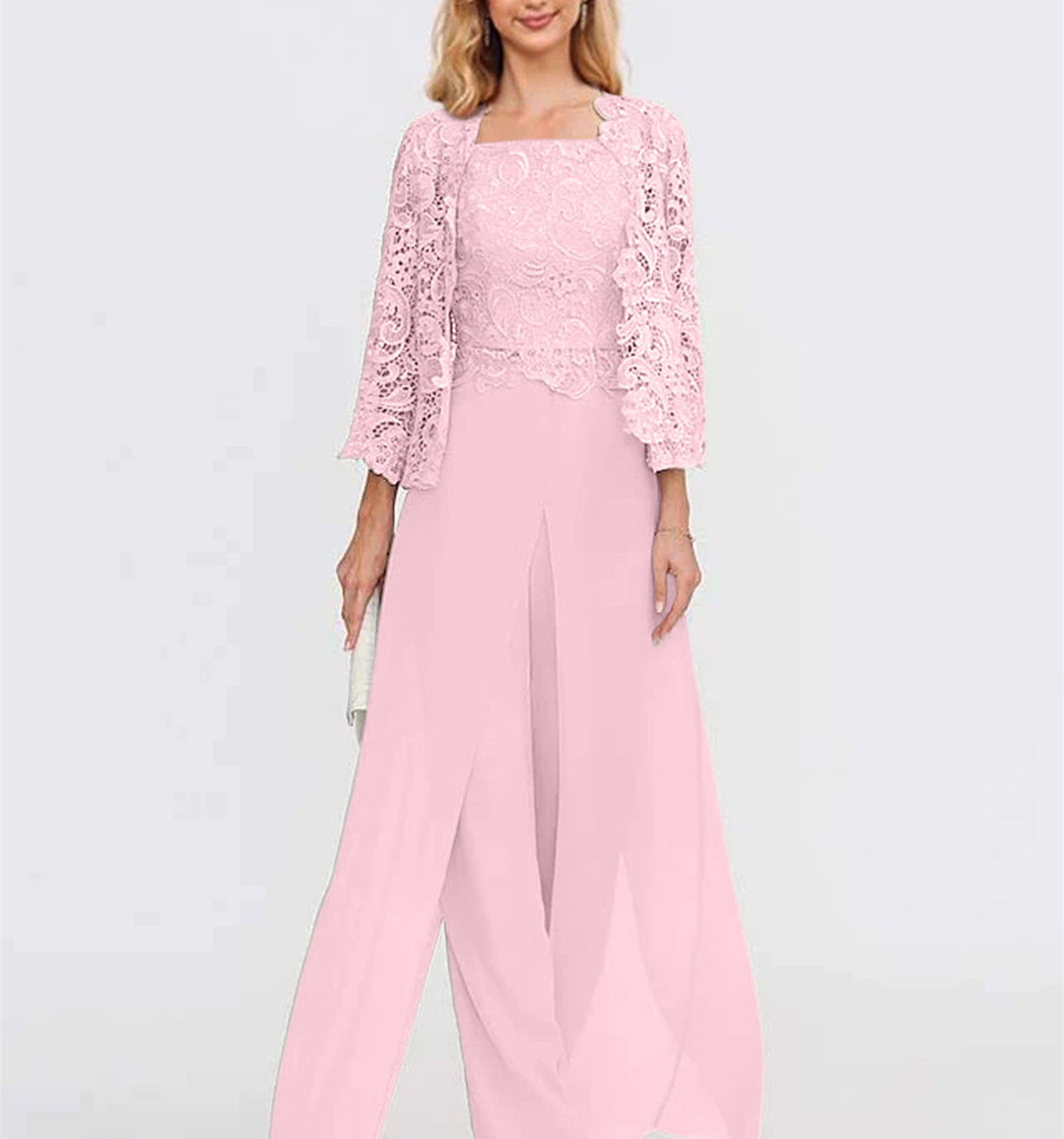 Chiffon Square Neck Floor-Length Mother of the Bride Pantsuits with Jacket & Split Side