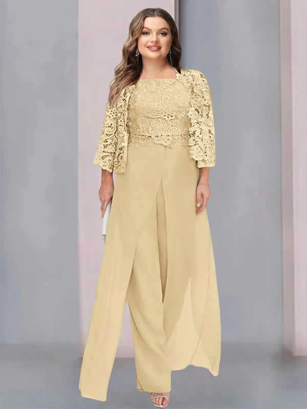 Chiffon Square Neck Floor-Length Plus Size Mother of the Bride Pantsuits with Jacket & Split Side