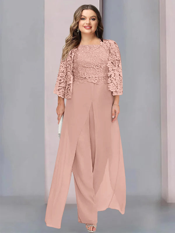 Chiffon Square Neck Floor-Length Plus Size Mother of the Bride Pantsuits with Jacket & Split Side