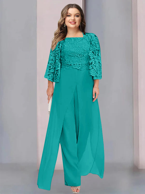 Chiffon Square Neck Floor-Length Plus Size Mother of the Bride Pantsuits with Jacket & Split Side