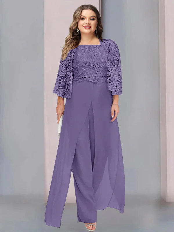 Chiffon Square Neck Floor-Length Plus Size Mother of the Bride Pantsuits with Jacket & Split Side