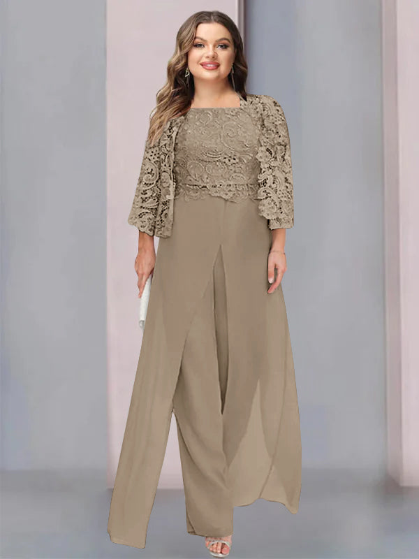 Chiffon Square Neck Floor-Length Plus Size Mother of the Bride Pantsuits with Jacket & Split Side