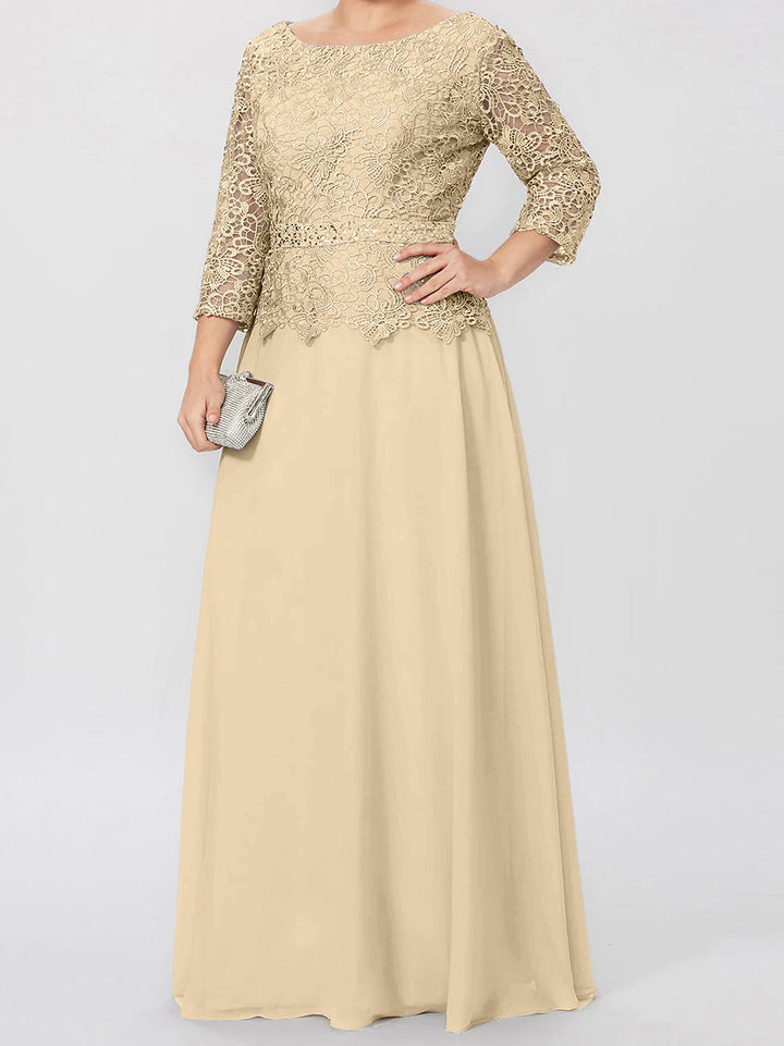 A-Line/Princess Round Neck 3/4 Length Sleeves Floor-Length Mother of the Bride Dresses with Applique & Sequins