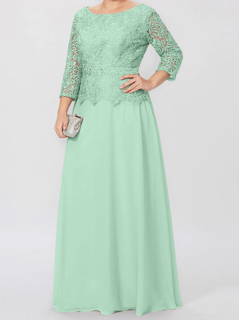 A-Line/Princess Round Neck 3/4 Length Sleeves Floor-Length Mother of the Bride Dresses with Applique & Sequins