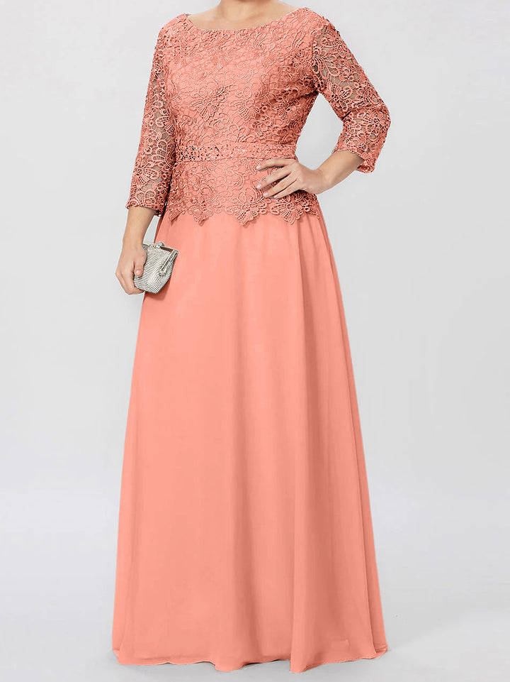 A-Line/Princess Round Neck 3/4 Length Sleeves Floor-Length Mother of the Bride Dresses with Applique & Sequins