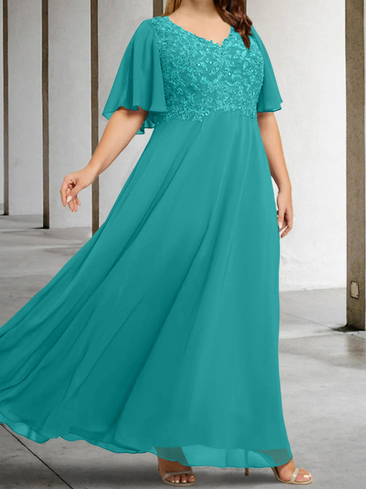 A-Line/Princess V-Neck Half Sleeves Floor-Length Mother of the Bride Dresses with Applique