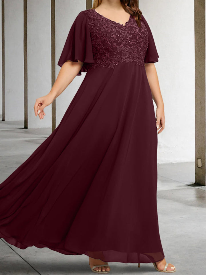 A-Line/Princess V-Neck Half Sleeves Floor-Length Mother of the Bride Dresses with Applique