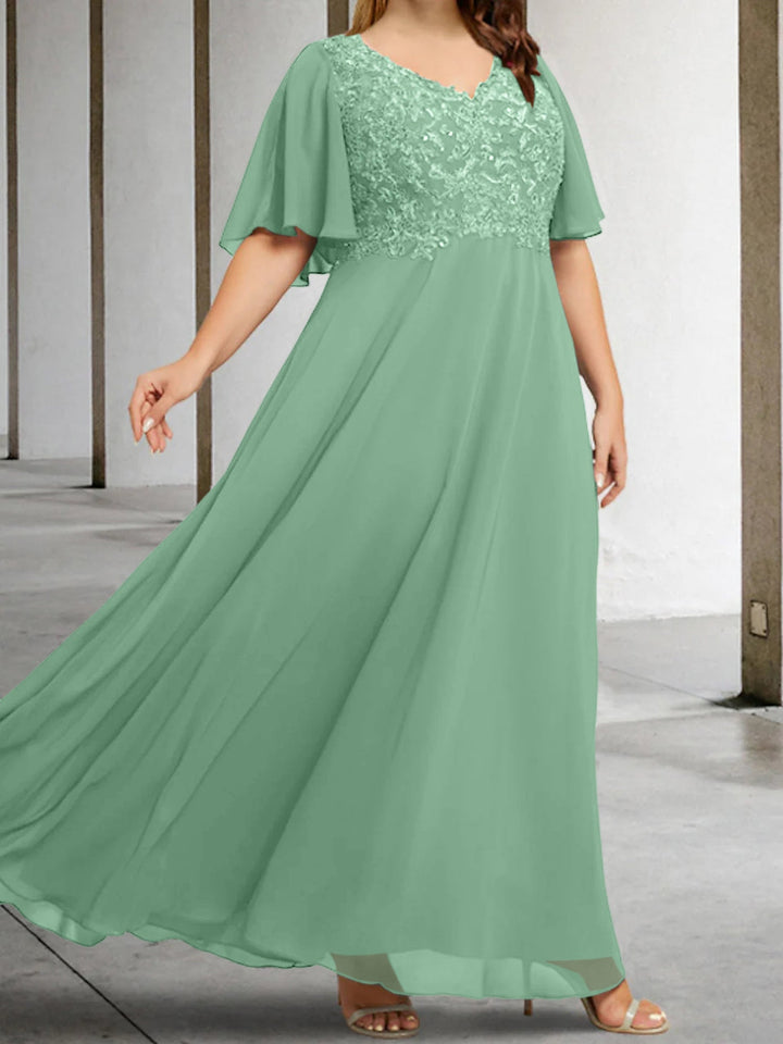 A-Line/Princess V-Neck Half Sleeves Floor-Length Mother of the Bride Dresses with Applique