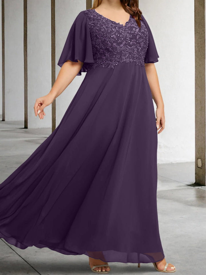 A-Line/Princess V-Neck Half Sleeves Floor-Length Mother of the Bride Dresses with Applique