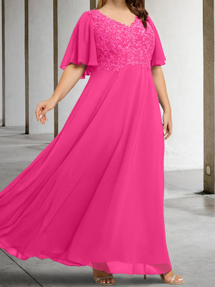 A-Line/Princess V-Neck Half Sleeves Floor-Length Mother of the Bride Dresses with Applique