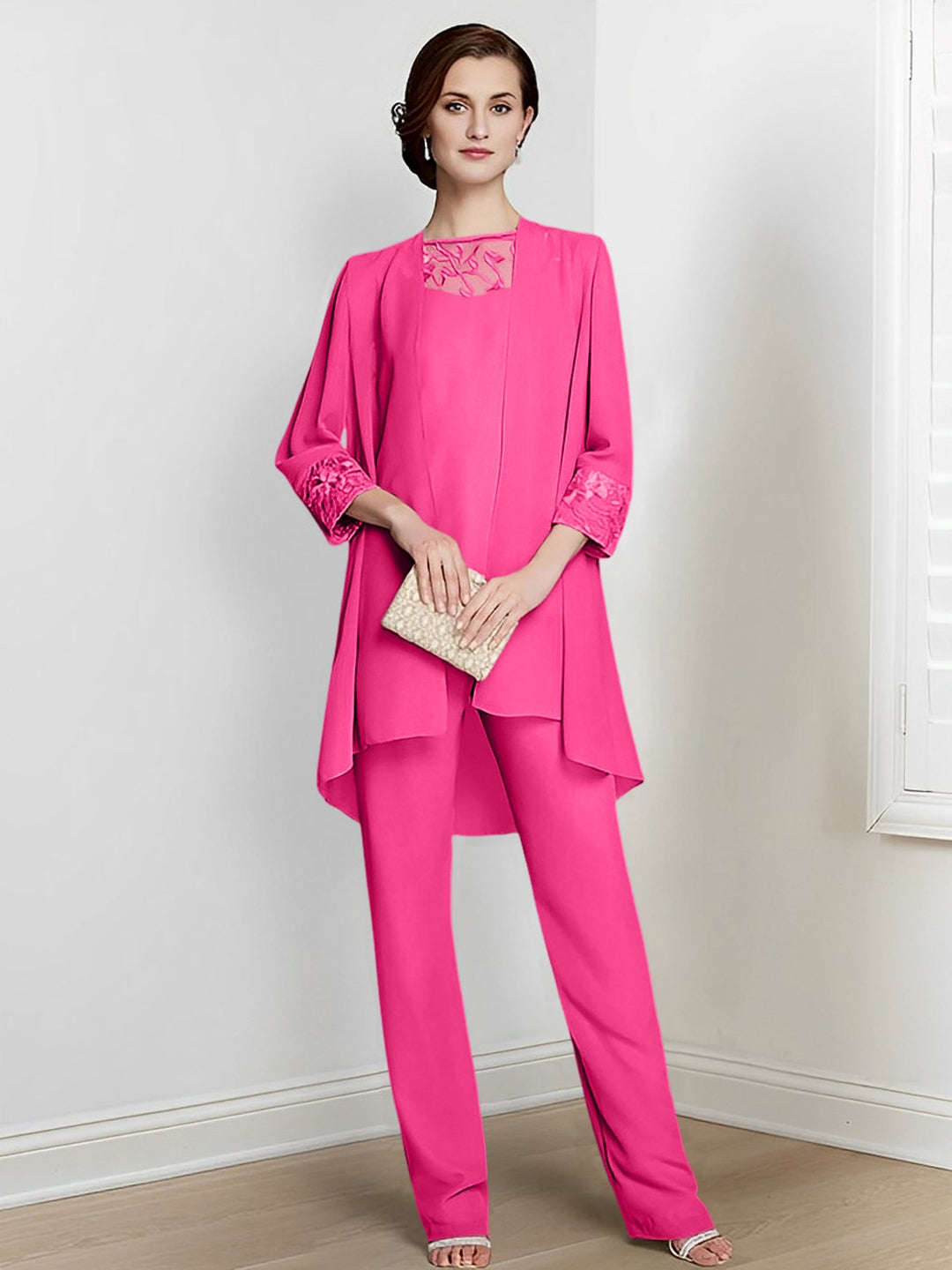 Chiffon Square Neck Long Sleeves Floor-Length Mother Of The Bride Pantsuits With Jacket