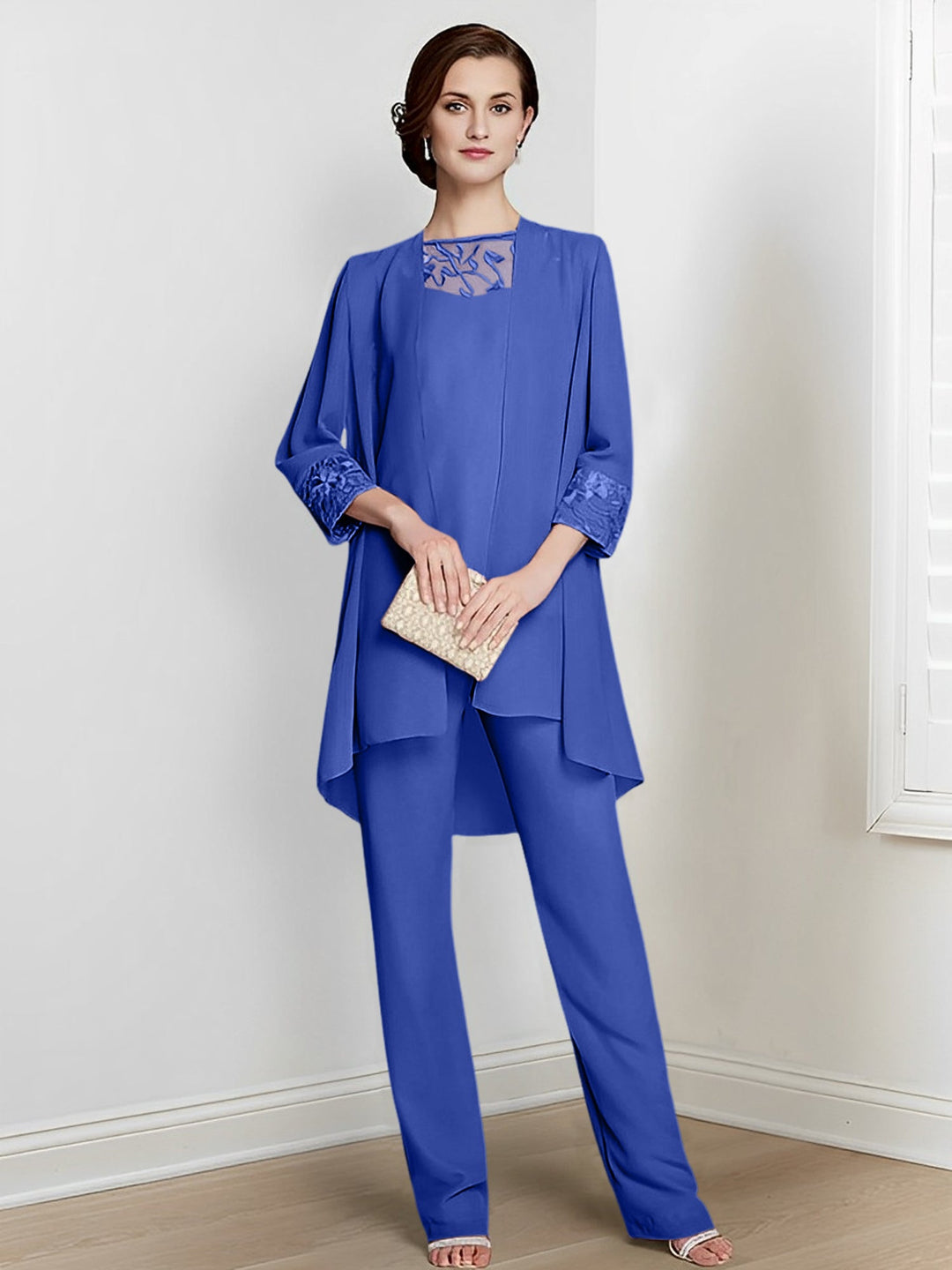 Chiffon Square Neck Long Sleeves Floor-Length Mother Of The Bride Pantsuits With Jacket