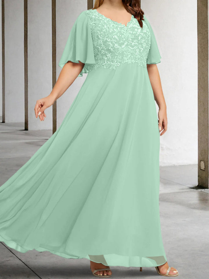 A-Line/Princess V-Neck Half Sleeves Floor-Length Mother of the Bride Dresses with Applique