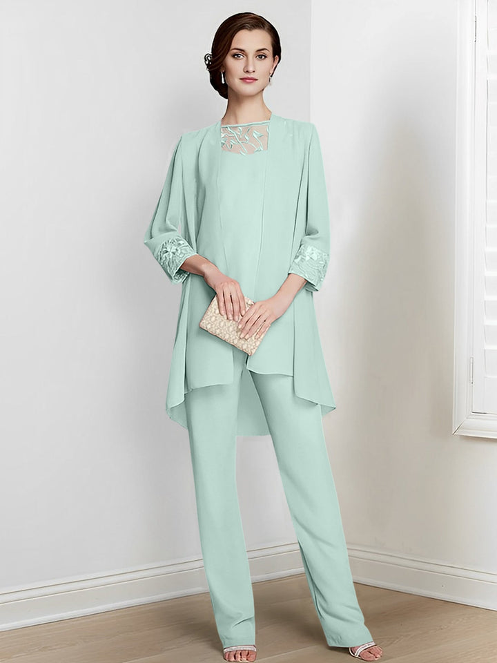 Chiffon Square Neck Long Sleeves Floor-Length Mother Of The Bride Pantsuits With Jacket