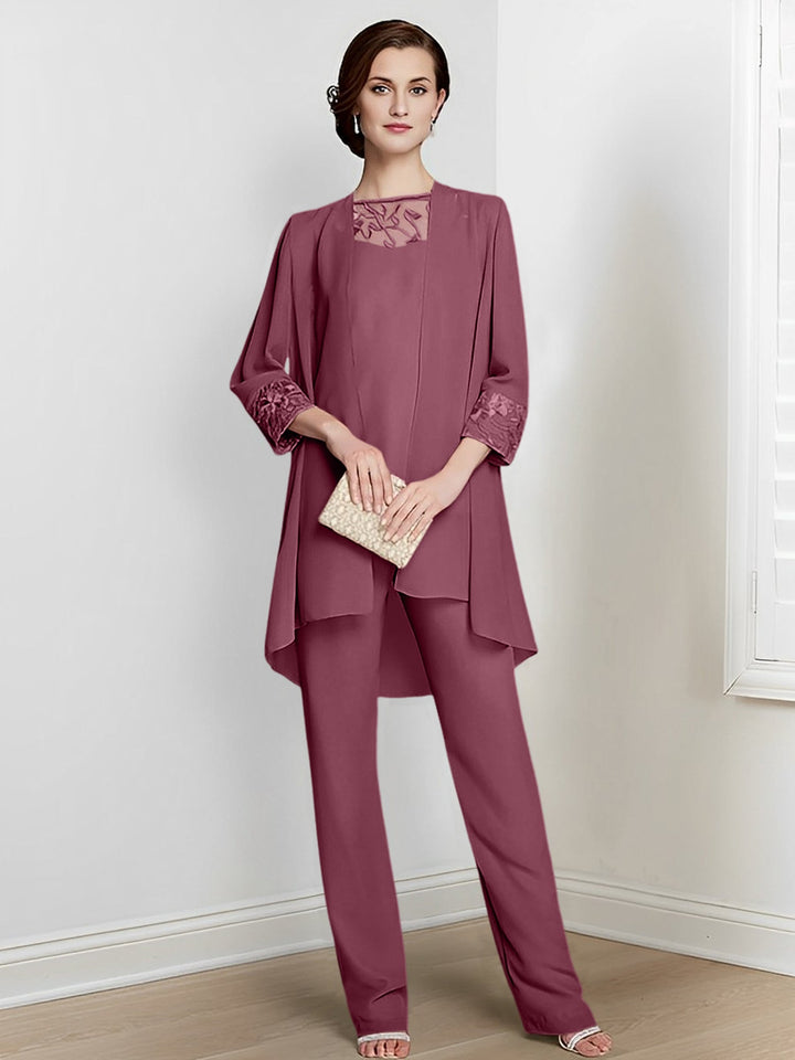 Chiffon Square Neck Long Sleeves Floor-Length Mother Of The Bride Pantsuits With Jacket