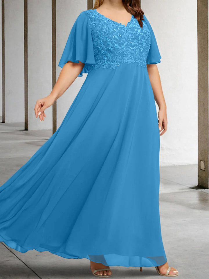 A-Line/Princess V-Neck Half Sleeves Floor-Length Mother of the Bride Dresses with Applique