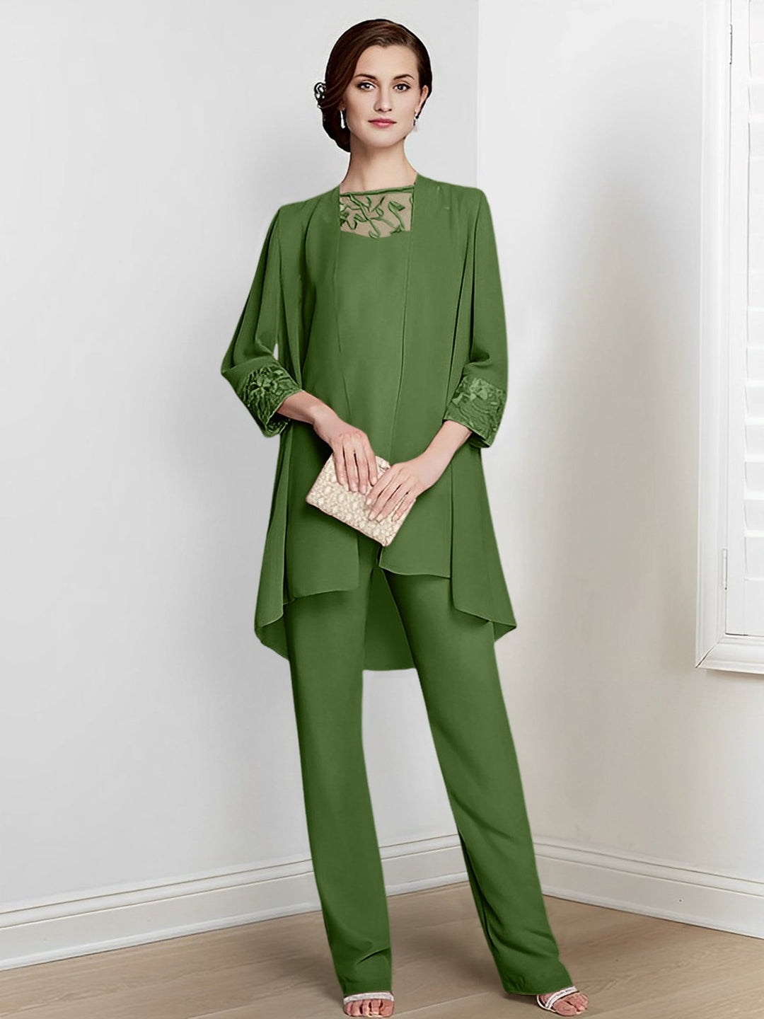 Chiffon Square Neck Long Sleeves Floor-Length Mother Of The Bride Pantsuits With Jacket