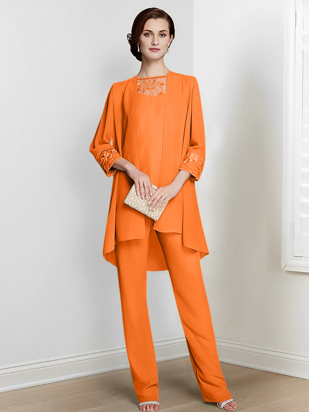 Chiffon Square Neck Long Sleeves Floor-Length Mother Of The Bride Pantsuits With Jacket