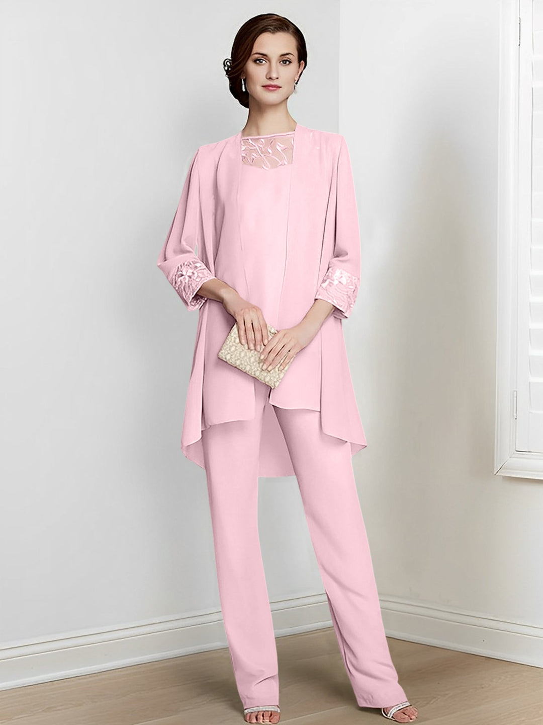 Chiffon Square Neck Long Sleeves Floor-Length Mother Of The Bride Pantsuits With Jacket