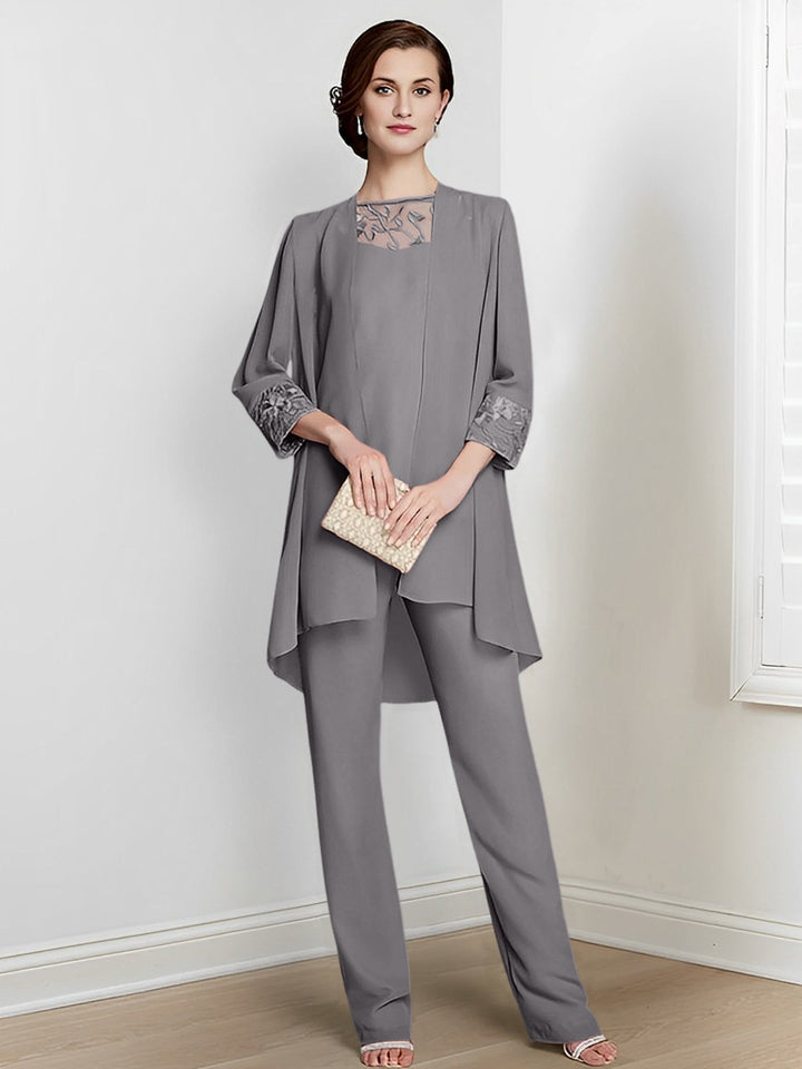 Chiffon Square Neck Long Sleeves Floor-Length Mother Of The Bride Pantsuits With Jacket