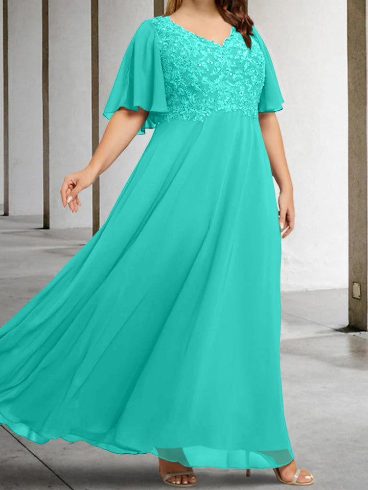 A-Line/Princess V-Neck Half Sleeves Floor-Length Mother of the Bride Dresses with Applique