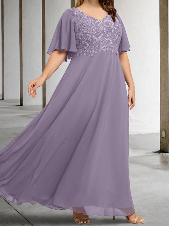 A-Line/Princess V-Neck Half Sleeves Floor-Length Mother of the Bride Dresses with Applique