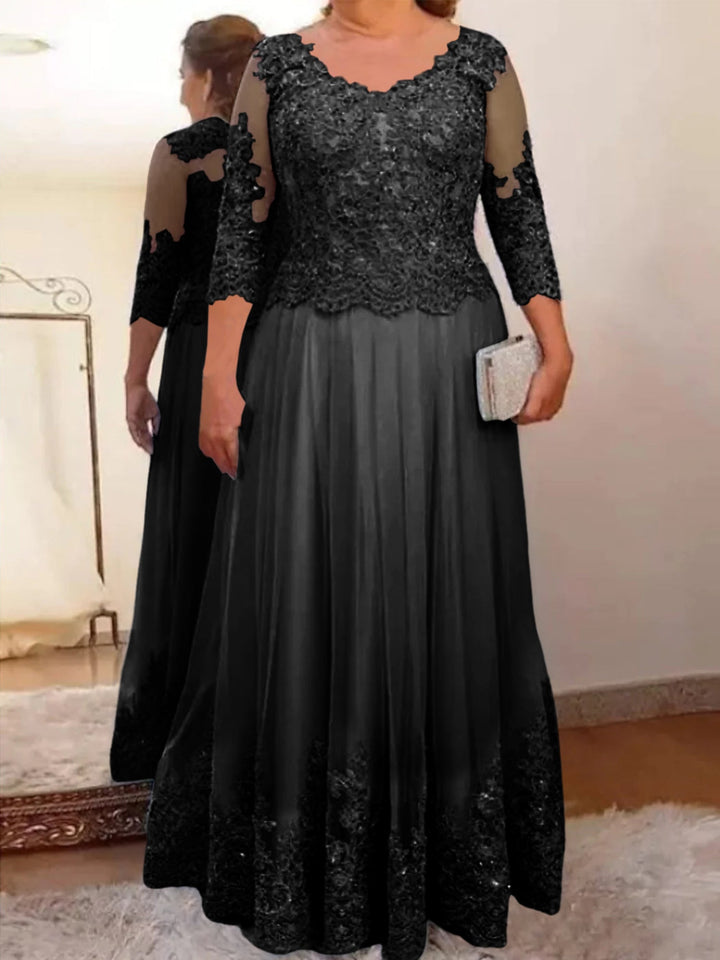 A-Line/Princess Sheer Neck 3/4 Length Sleeves Floor-Length Mother of the Bride Dresses with Applique