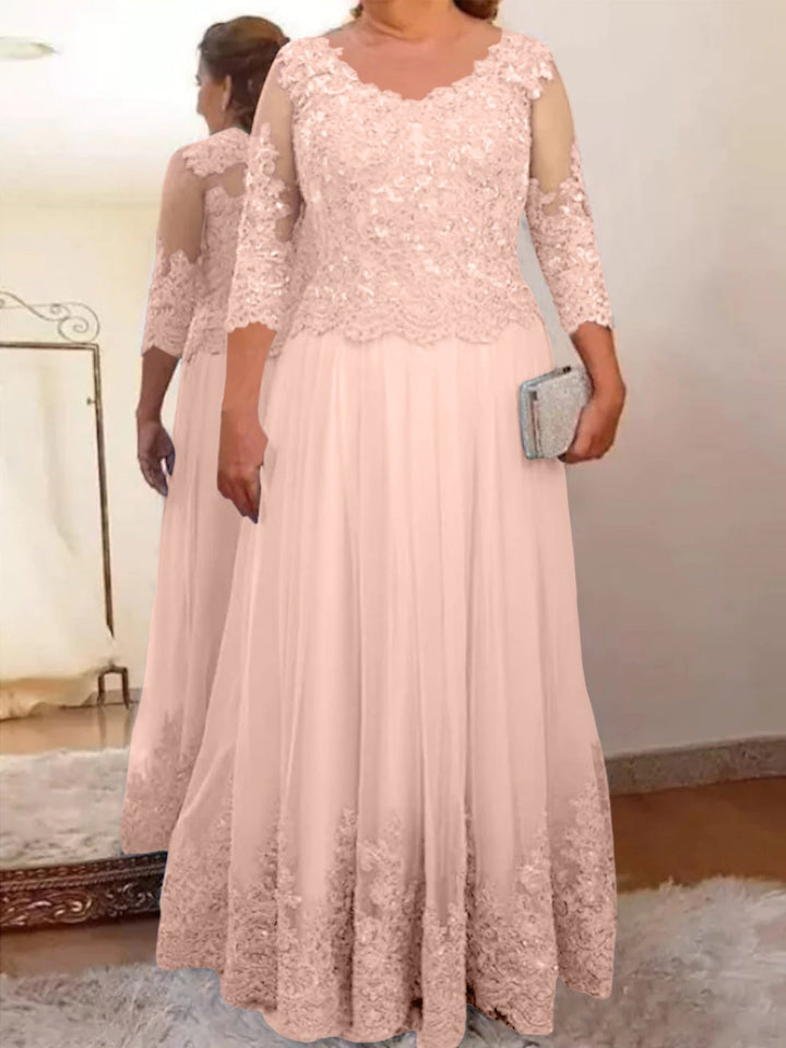 A-Line/Princess Sheer Neck 3/4 Length Sleeves Floor-Length Mother of the Bride Dresses with Applique