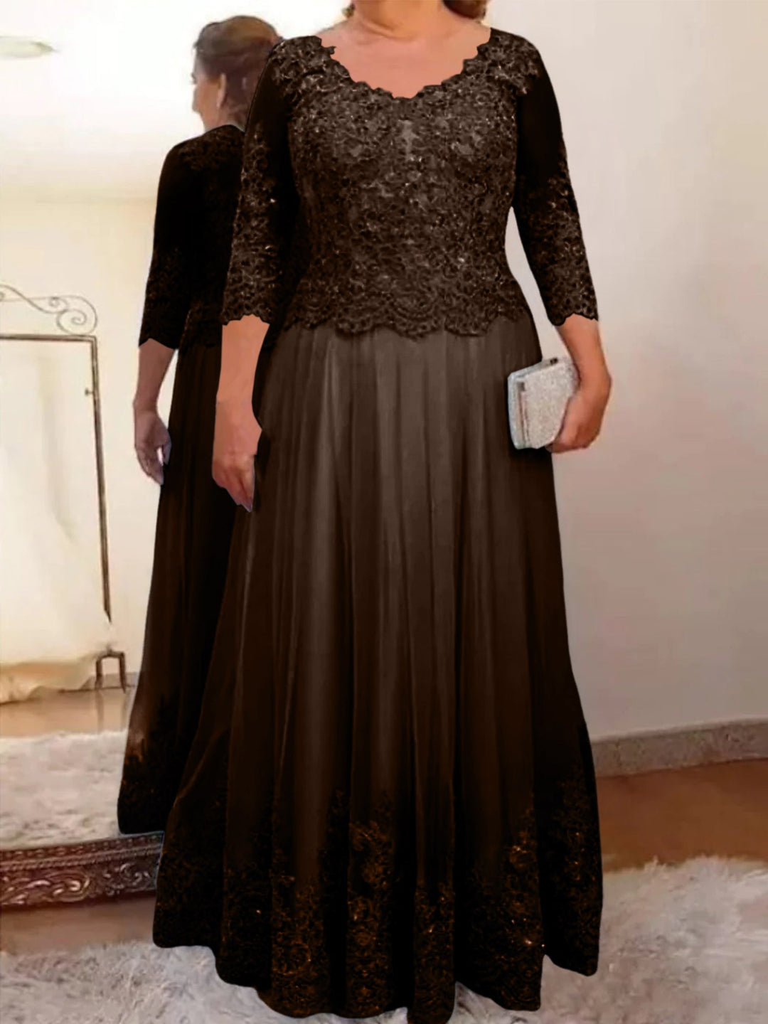 A-Line/Princess Sheer Neck 3/4 Length Sleeves Floor-Length Mother of the Bride Dresses with Applique