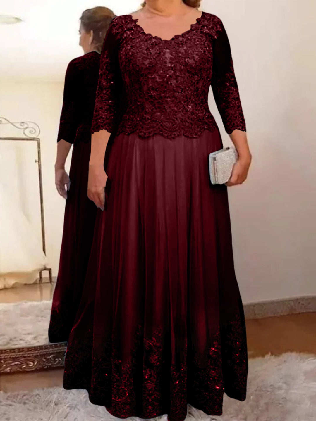 A-Line/Princess Sheer Neck 3/4 Length Sleeves Floor-Length Mother of the Bride Dresses with Applique