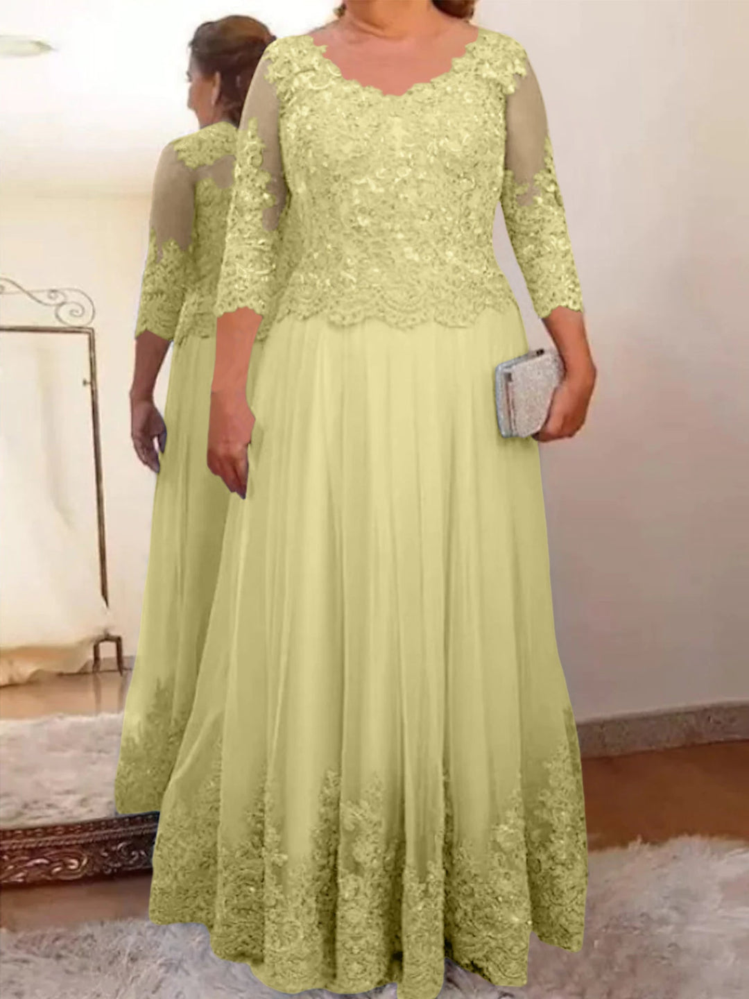 A-Line/Princess Sheer Neck 3/4 Length Sleeves Floor-Length Mother of the Bride Dresses with Applique