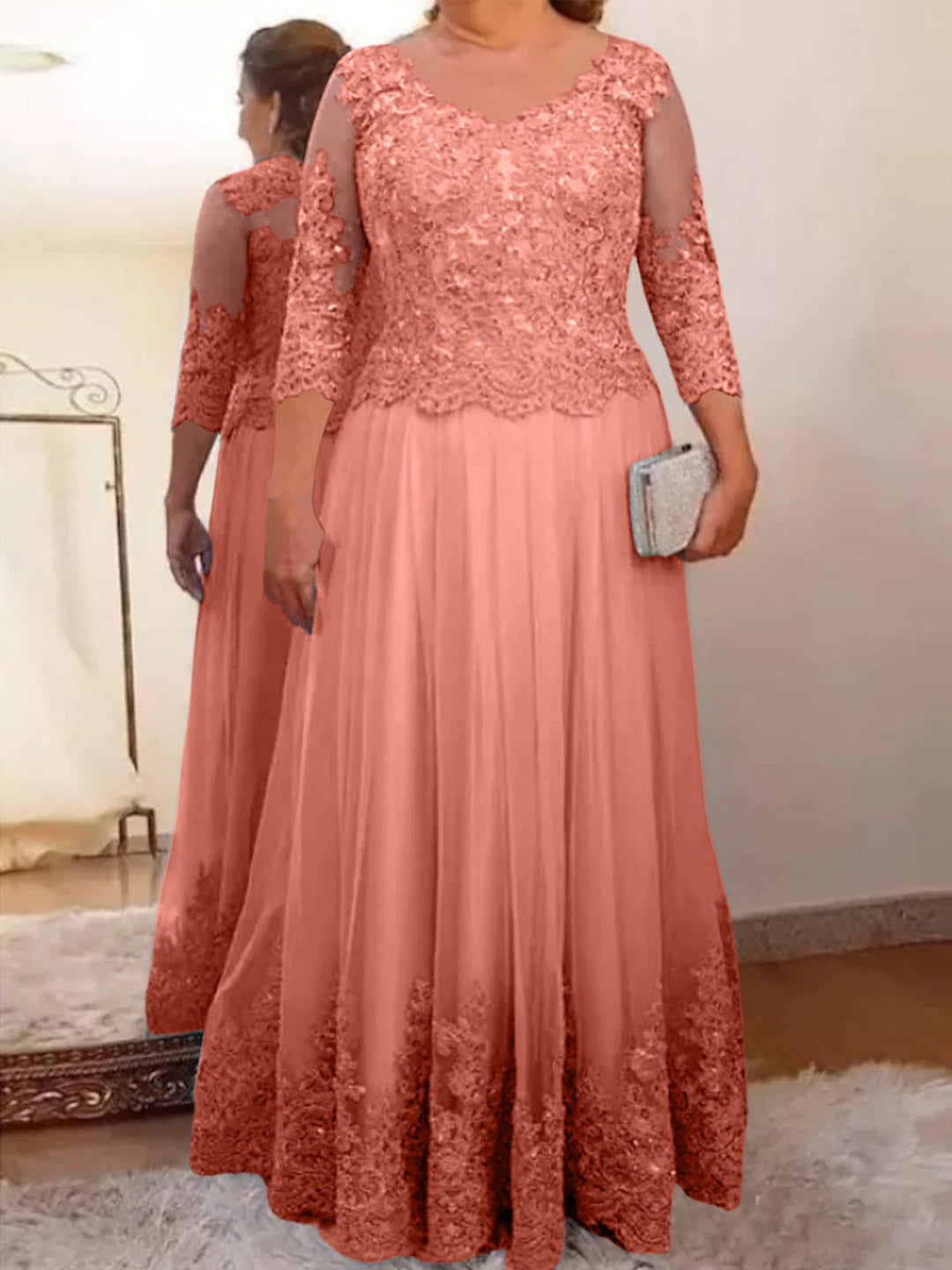 A-Line/Princess Sheer Neck 3/4 Length Sleeves Floor-Length Mother of the Bride Dresses with Applique