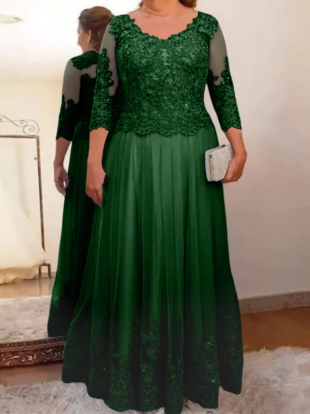 A-Line/Princess Sheer Neck 3/4 Length Sleeves Floor-Length Mother of the Bride Dresses with Applique