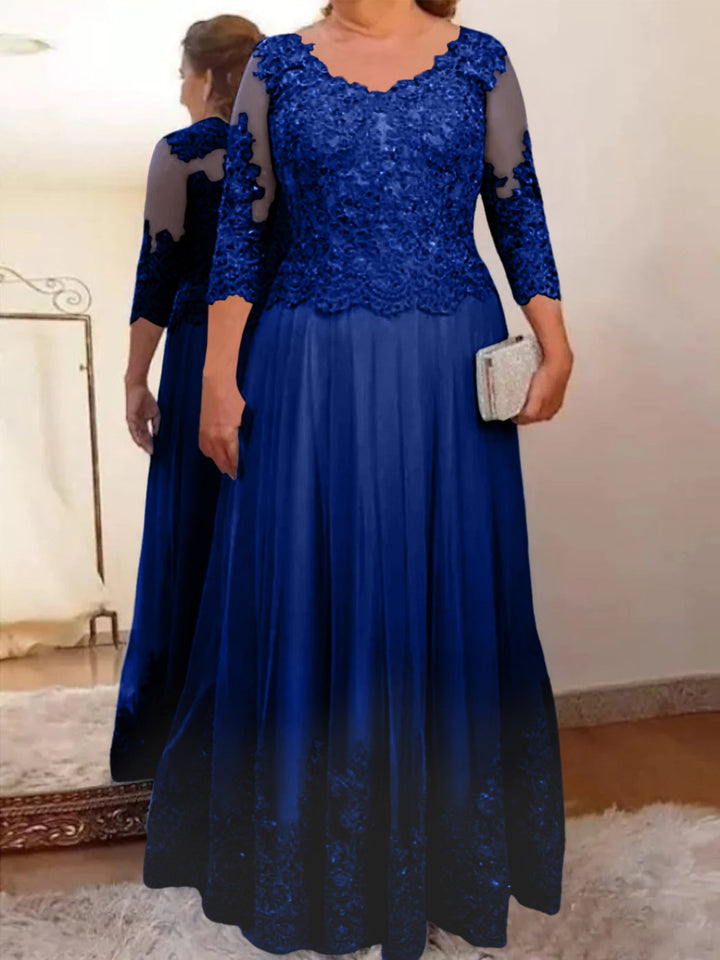 A-Line/Princess Sheer Neck 3/4 Length Sleeves Floor-Length Mother of the Bride Dresses with Applique