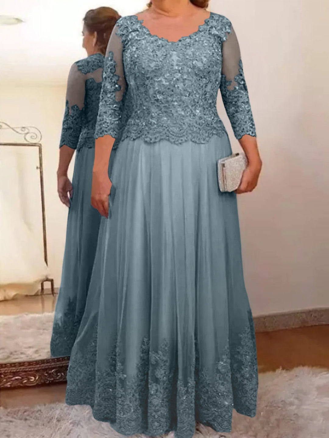 A-Line/Princess Sheer Neck 3/4 Length Sleeves Floor-Length Mother of the Bride Dresses with Applique