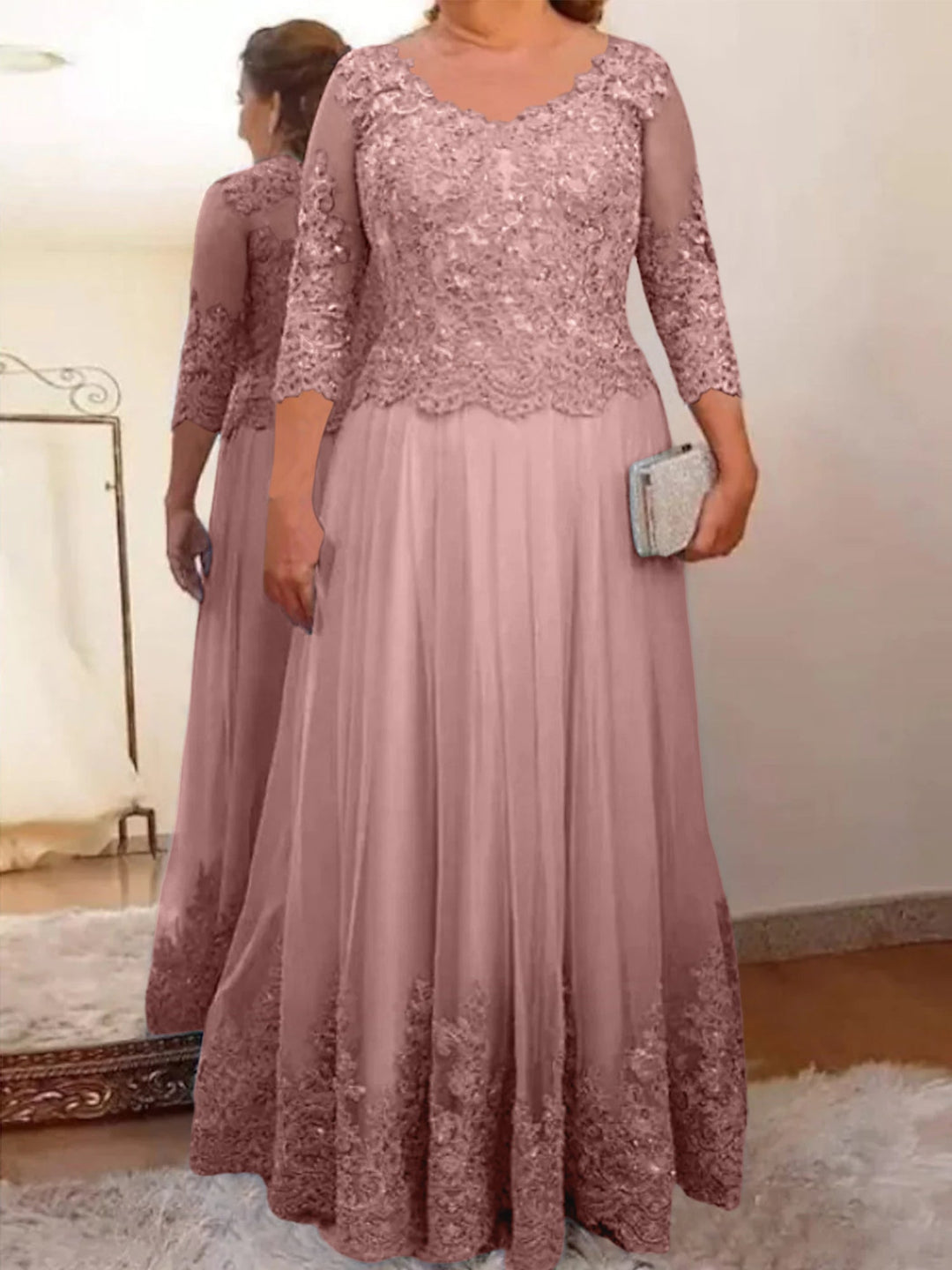 A-Line/Princess Sheer Neck 3/4 Length Sleeves Floor-Length Mother of the Bride Dresses with Applique