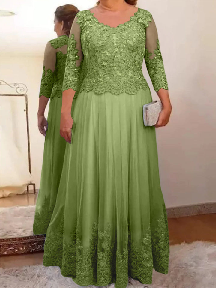 A-Line/Princess Sheer Neck 3/4 Length Sleeves Floor-Length Mother of the Bride Dresses with Applique