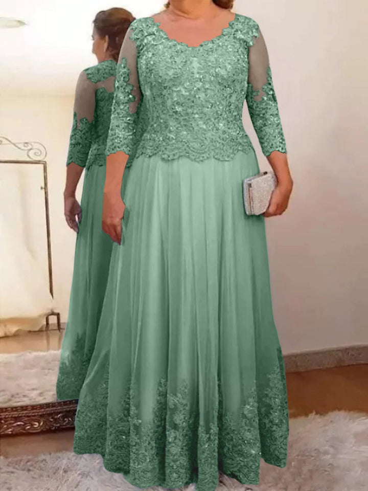 A-Line/Princess Sheer Neck 3/4 Length Sleeves Floor-Length Mother of the Bride Dresses with Applique