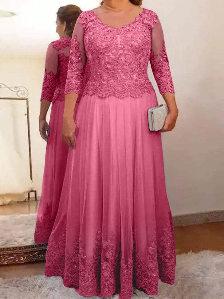 A-Line/Princess Sheer Neck 3/4 Length Sleeves Floor-Length Mother of the Bride Dresses with Applique