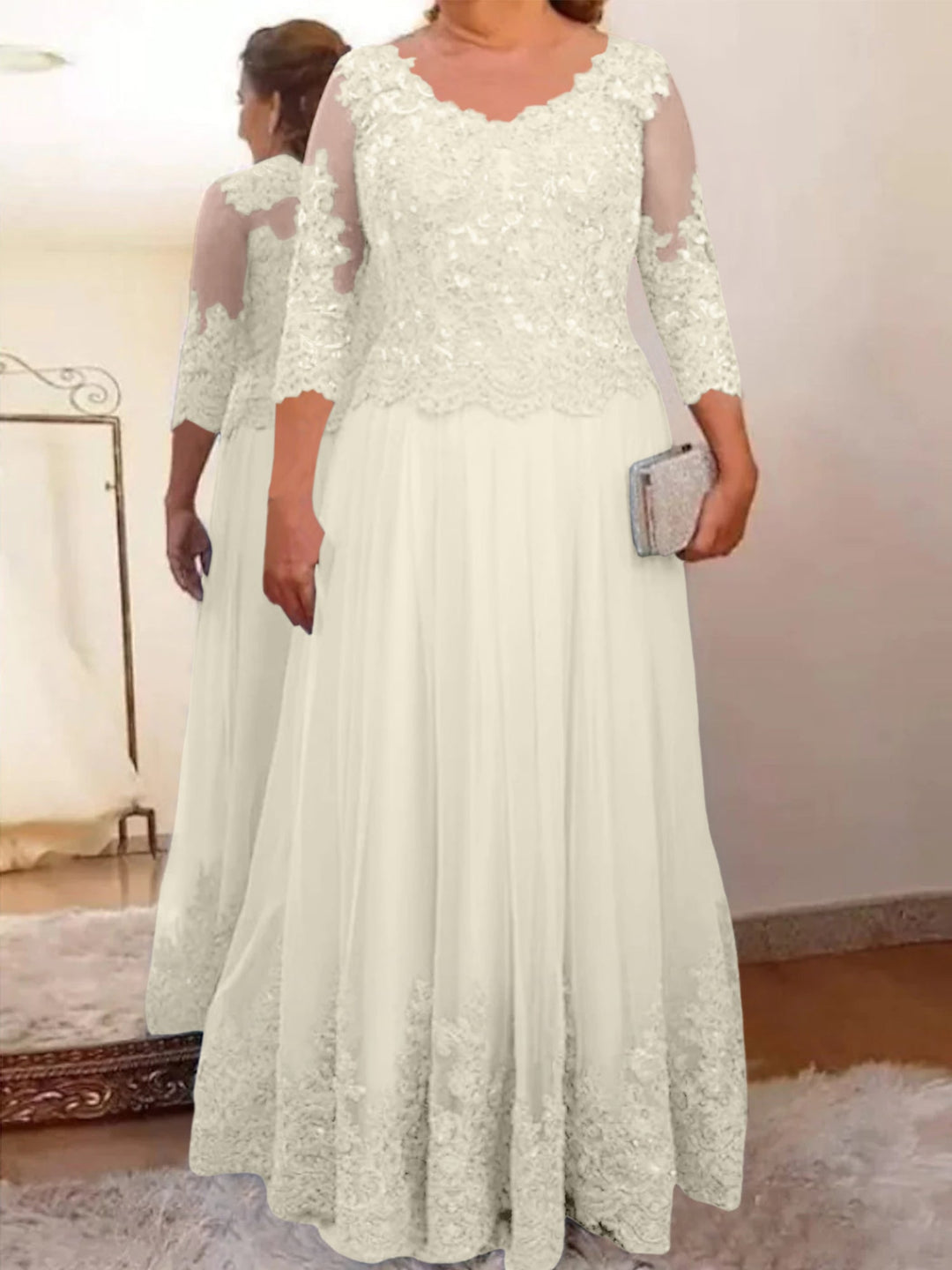 A-Line/Princess Sheer Neck 3/4 Length Sleeves Floor-Length Mother of the Bride Dresses with Applique