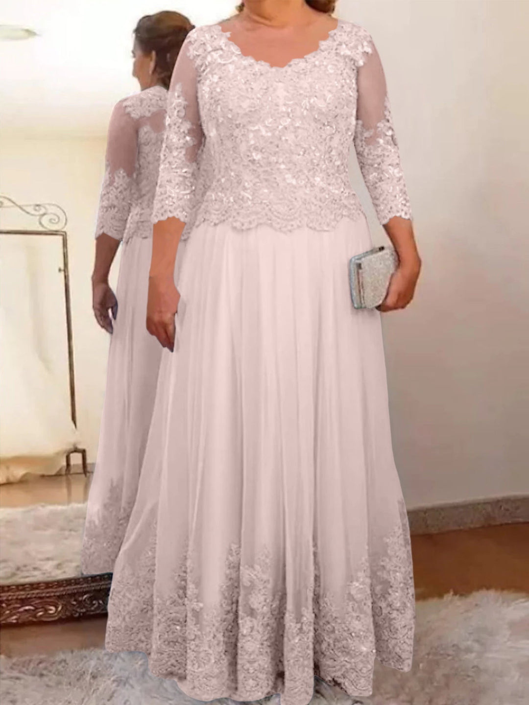 A-Line/Princess Sheer Neck 3/4 Length Sleeves Floor-Length Mother of the Bride Dresses with Applique