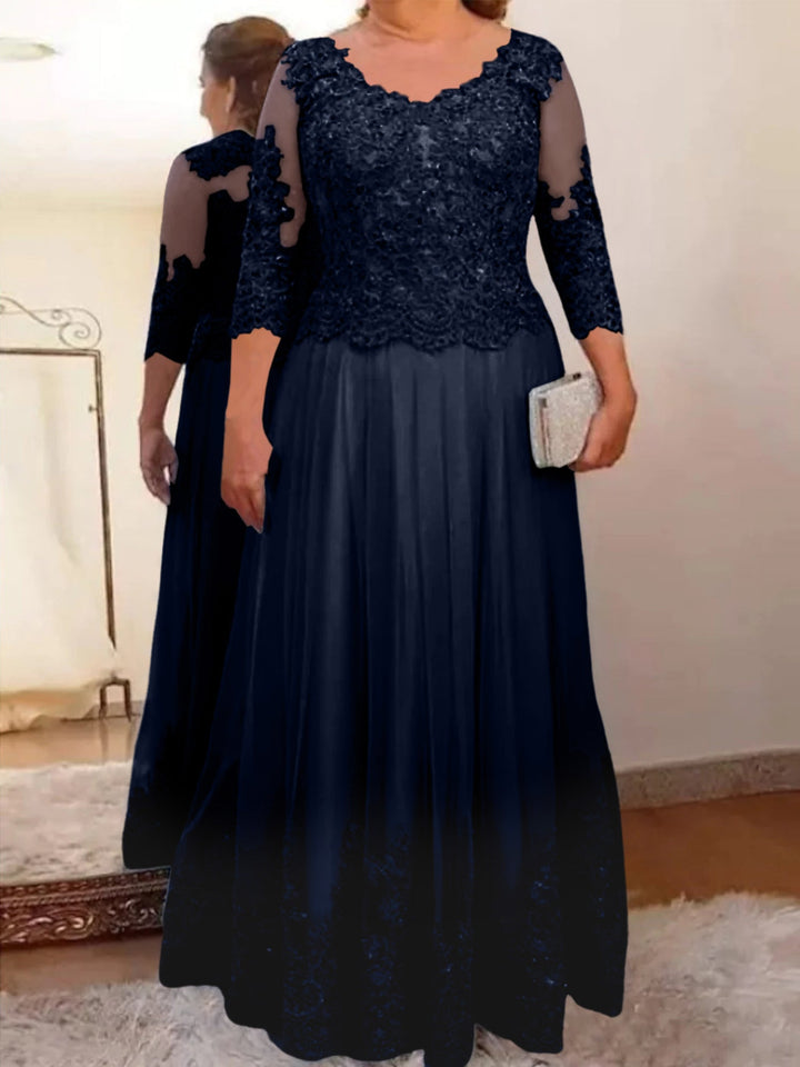 A-Line/Princess Sheer Neck 3/4 Length Sleeves Floor-Length Mother of the Bride Dresses with Applique