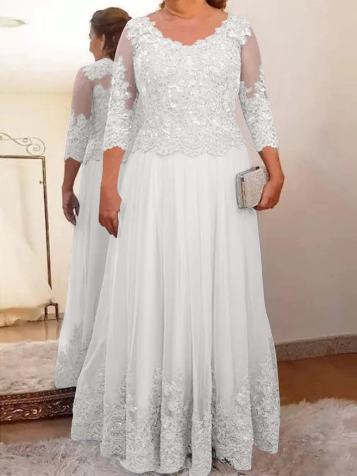 A-Line/Princess Sheer Neck 3/4 Length Sleeves Floor-Length Mother of the Bride Dresses with Applique