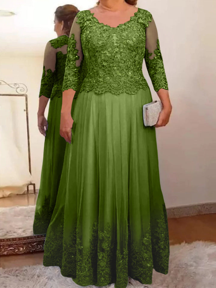 A-Line/Princess Sheer Neck 3/4 Length Sleeves Floor-Length Mother of the Bride Dresses with Applique