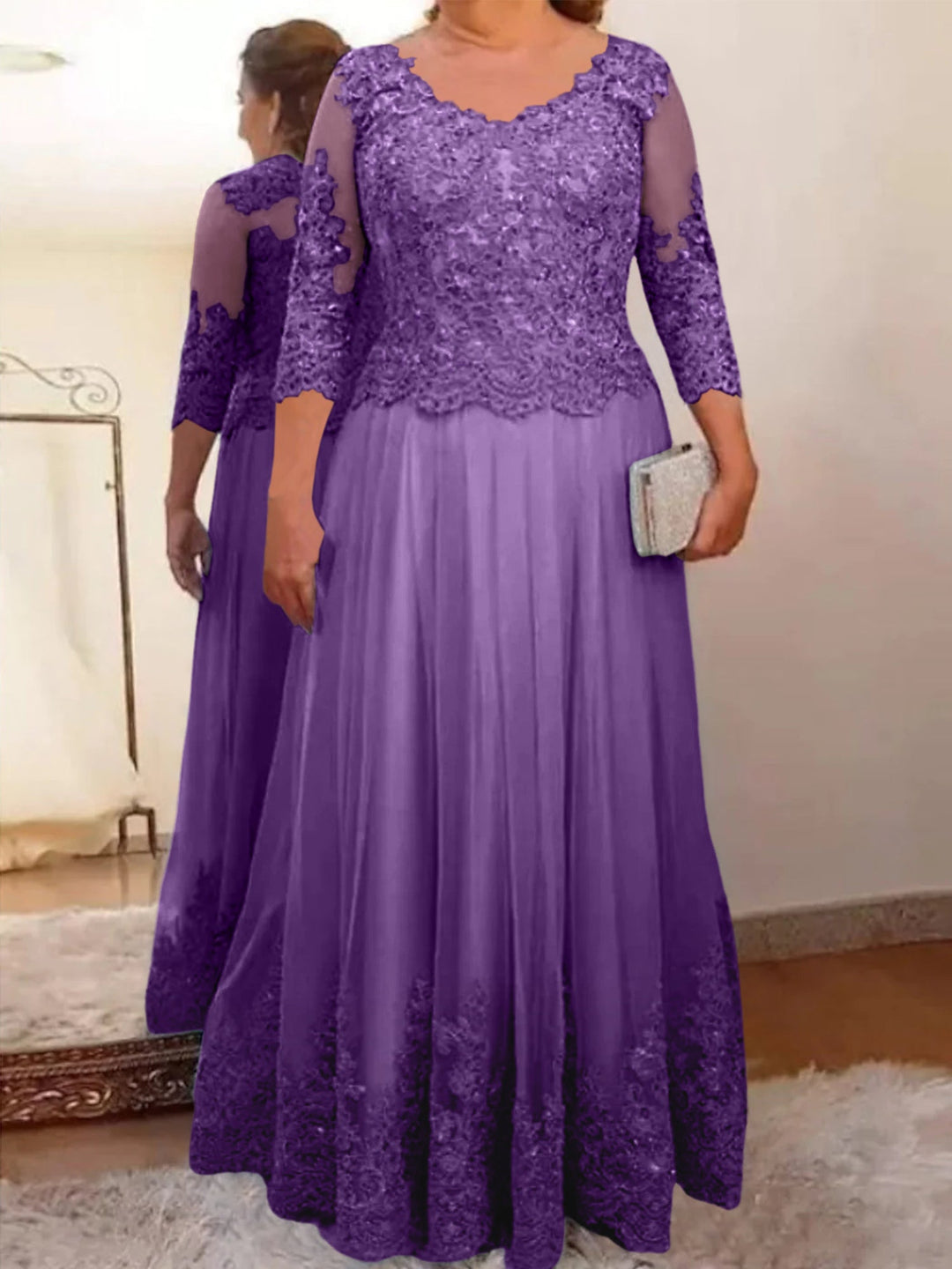 A-Line/Princess Sheer Neck 3/4 Length Sleeves Floor-Length Mother of the Bride Dresses with Applique