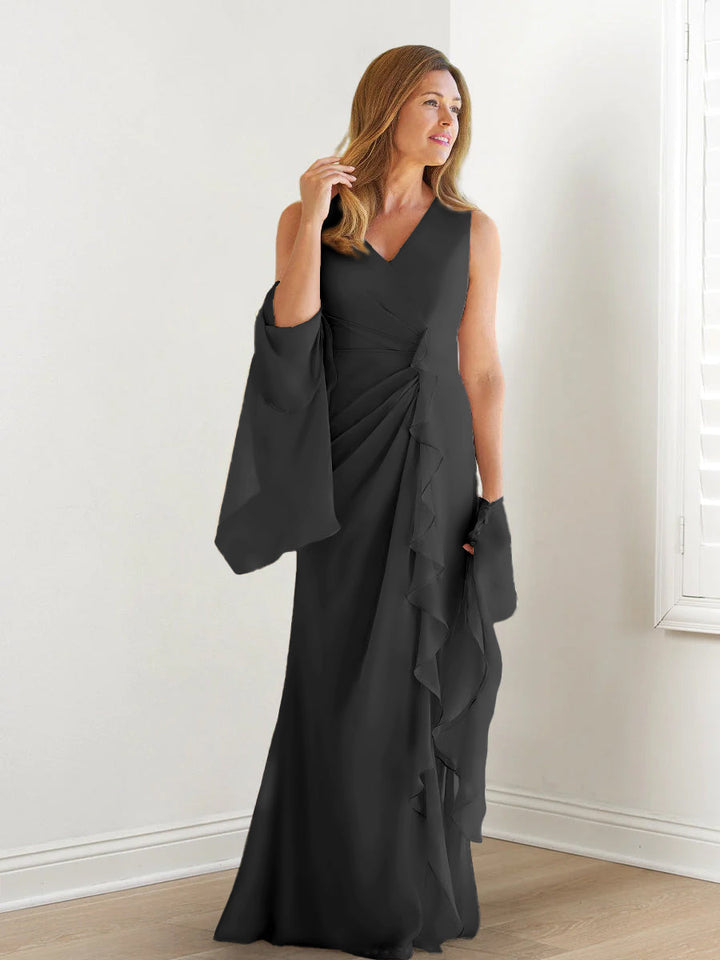 Sheath/Column V-Neck Sleeveless Floor-Length Mother of the Bride Dresses with Wraps & Ruffles