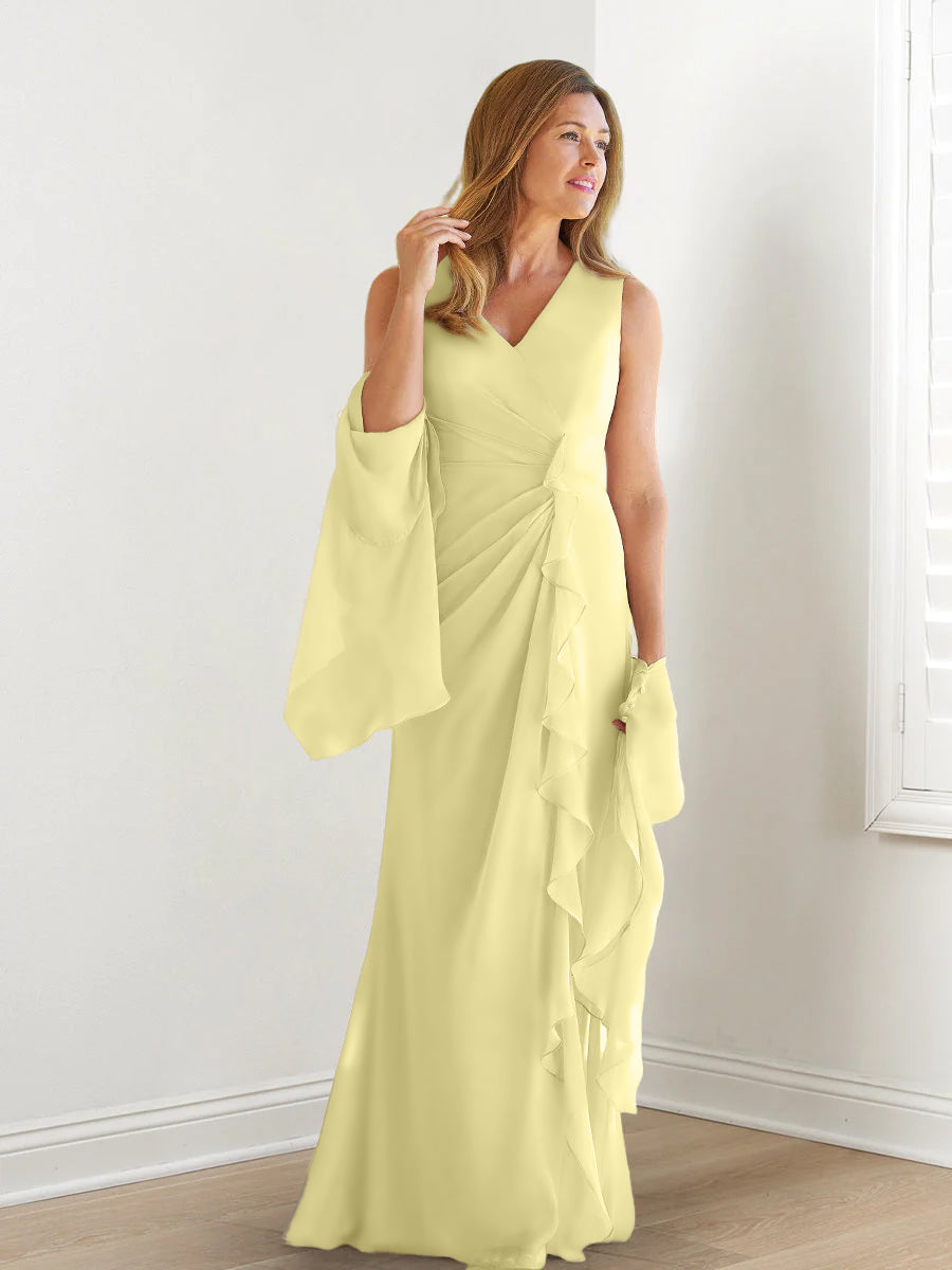 Sheath/Column V-Neck Sleeveless Floor-Length Mother of the Bride Dresses with Wraps & Ruffles