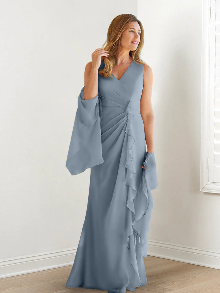 Sheath/Column V-Neck Sleeveless Floor-Length Mother of the Bride Dresses with Wraps & Ruffles