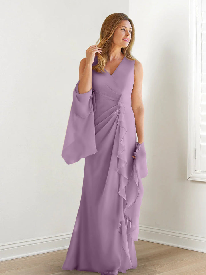 Sheath/Column V-Neck Sleeveless Floor-Length Mother of the Bride Dresses with Wraps & Ruffles